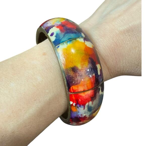 Bohemian Brass Bone Bracelet Chunky Wide Colorful Funky Artsy Bangle Hippie Cuff - Picture 1 of 8